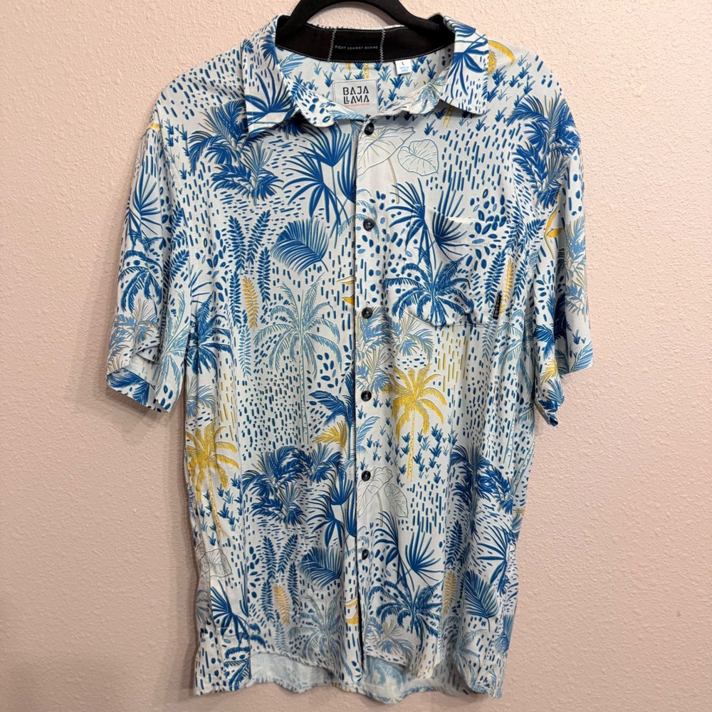 Baja Llama Mens Large Tropical Palm Tree Print Viscose Short Sleeve Button Down